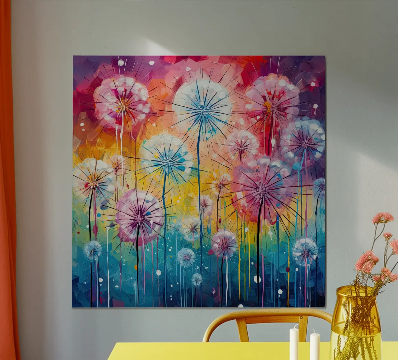 Denti di leone dai colori vivaci poster con telaio in legno da Imagine