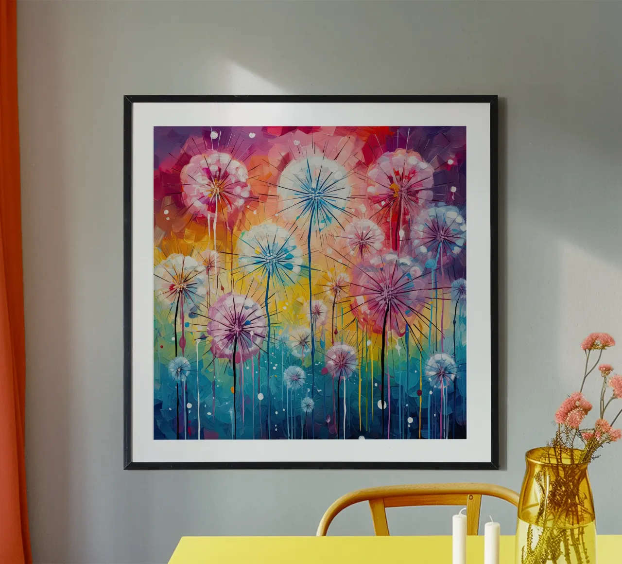 Denti di leone dai colori vivaci poster con telaio in legno da Imagine