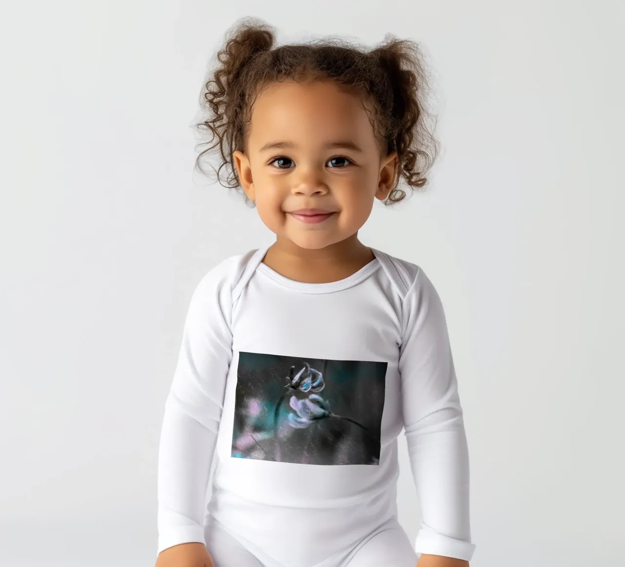 Two flowers in front of an artistic background long-sleeve baby romper by Something for you