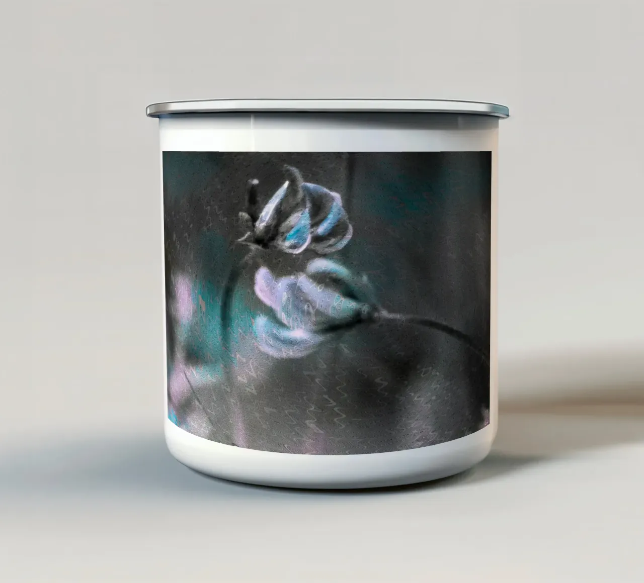 Two flowers in front of an artistic background enamel mug by Something for you