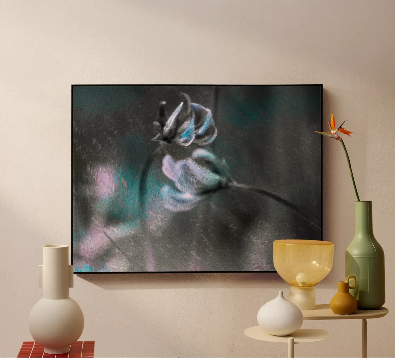 Due fiori davanti a uno sfondo artistico plexiglass da Something for you