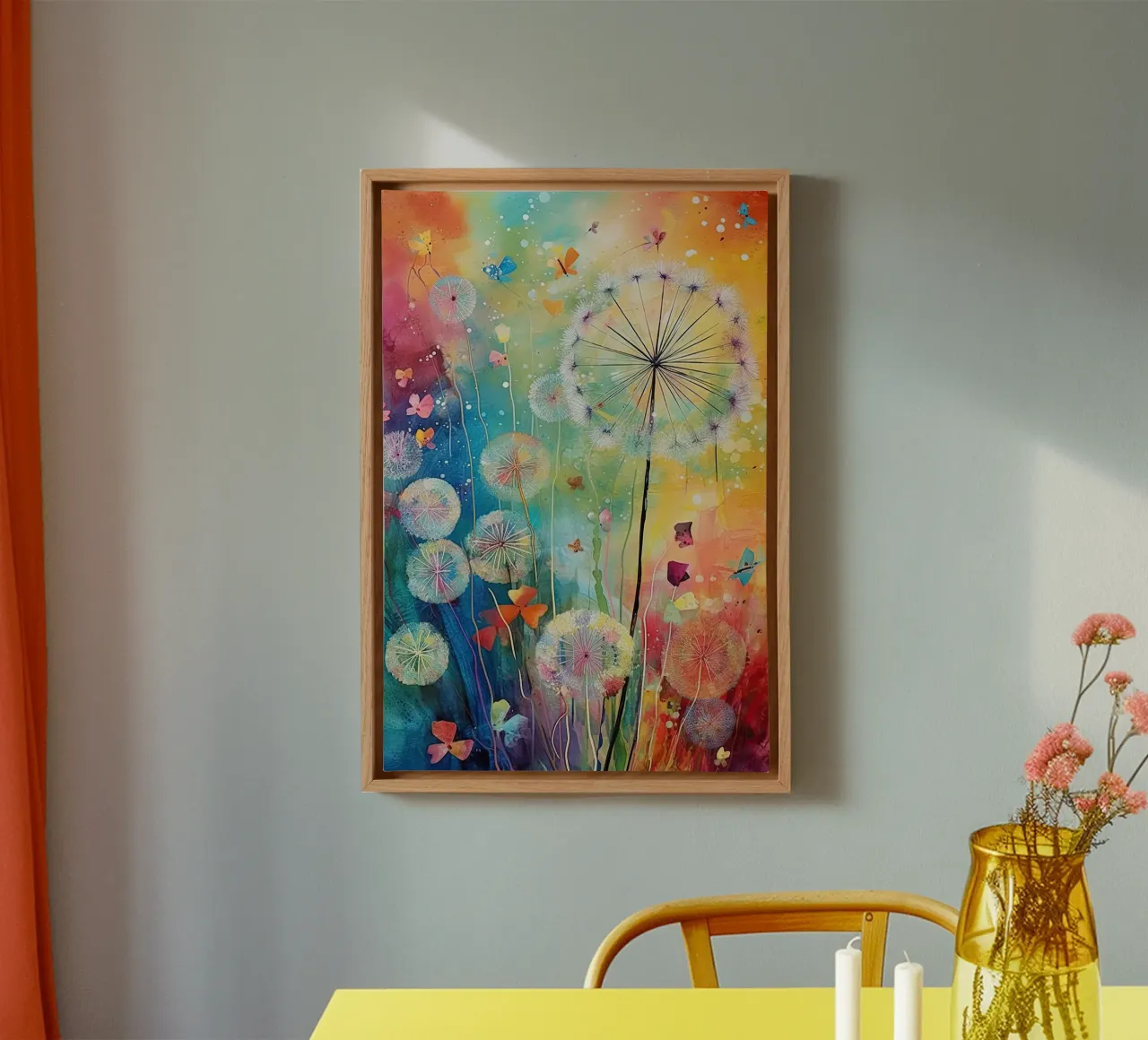 Paardenbloemen in felle kleuren canvas met Baklijst van Imagine