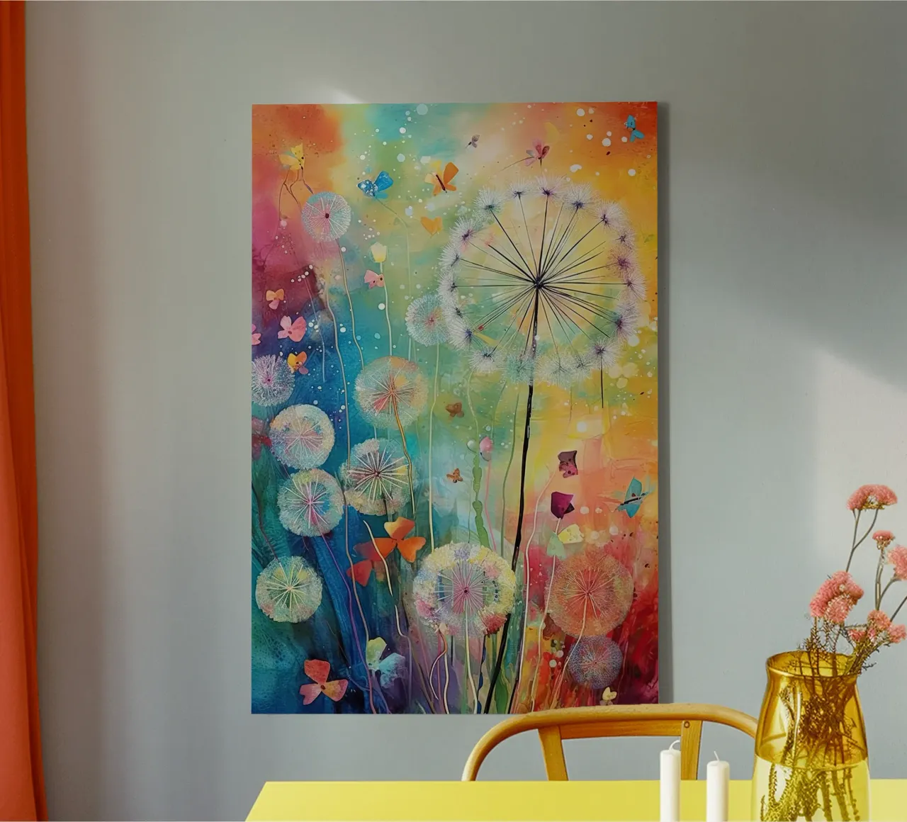 Paardenbloemen in felle kleuren canvas met Baklijst van Imagine