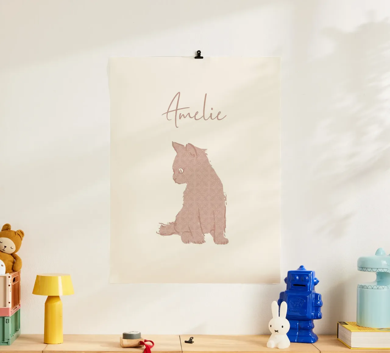 Aangepaste babynaam met cue kitten in roze pasteltinten poster van Art by Susana Miranda ilustración
