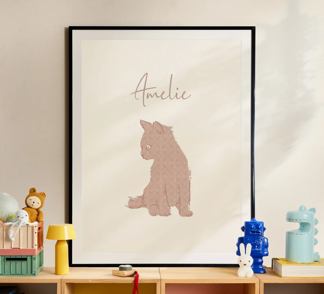Aangepaste babynaam met cue kitten in roze pasteltinten poster van Art by Susana Miranda ilustración