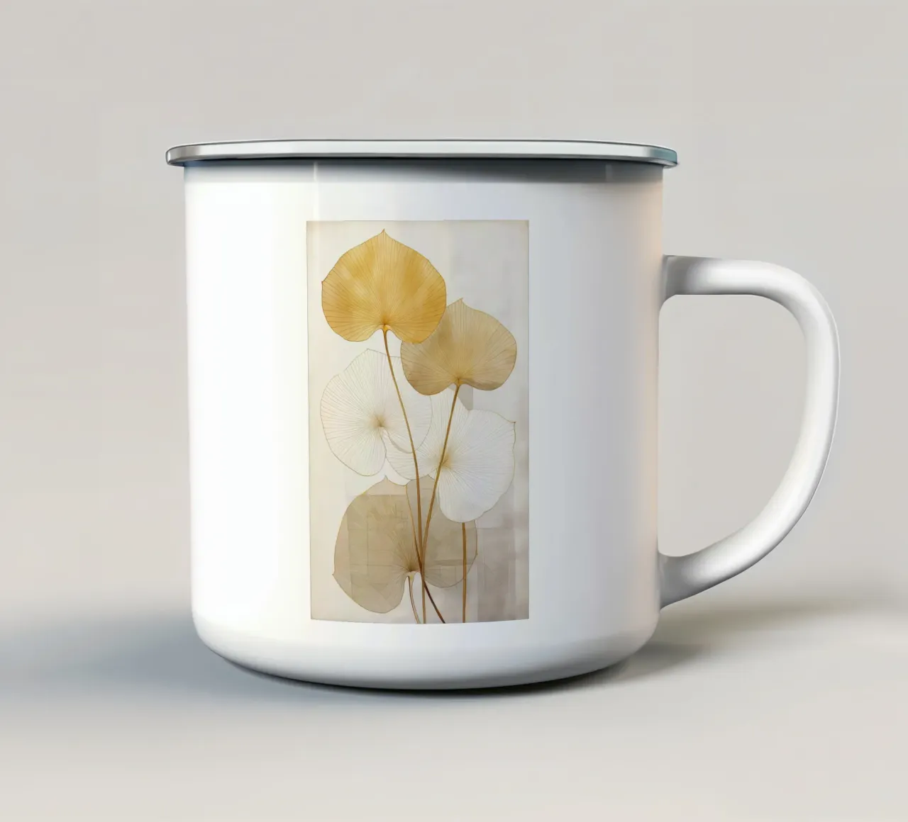 Abstracte botanisch in zand kleuren emaille mok van Imagine