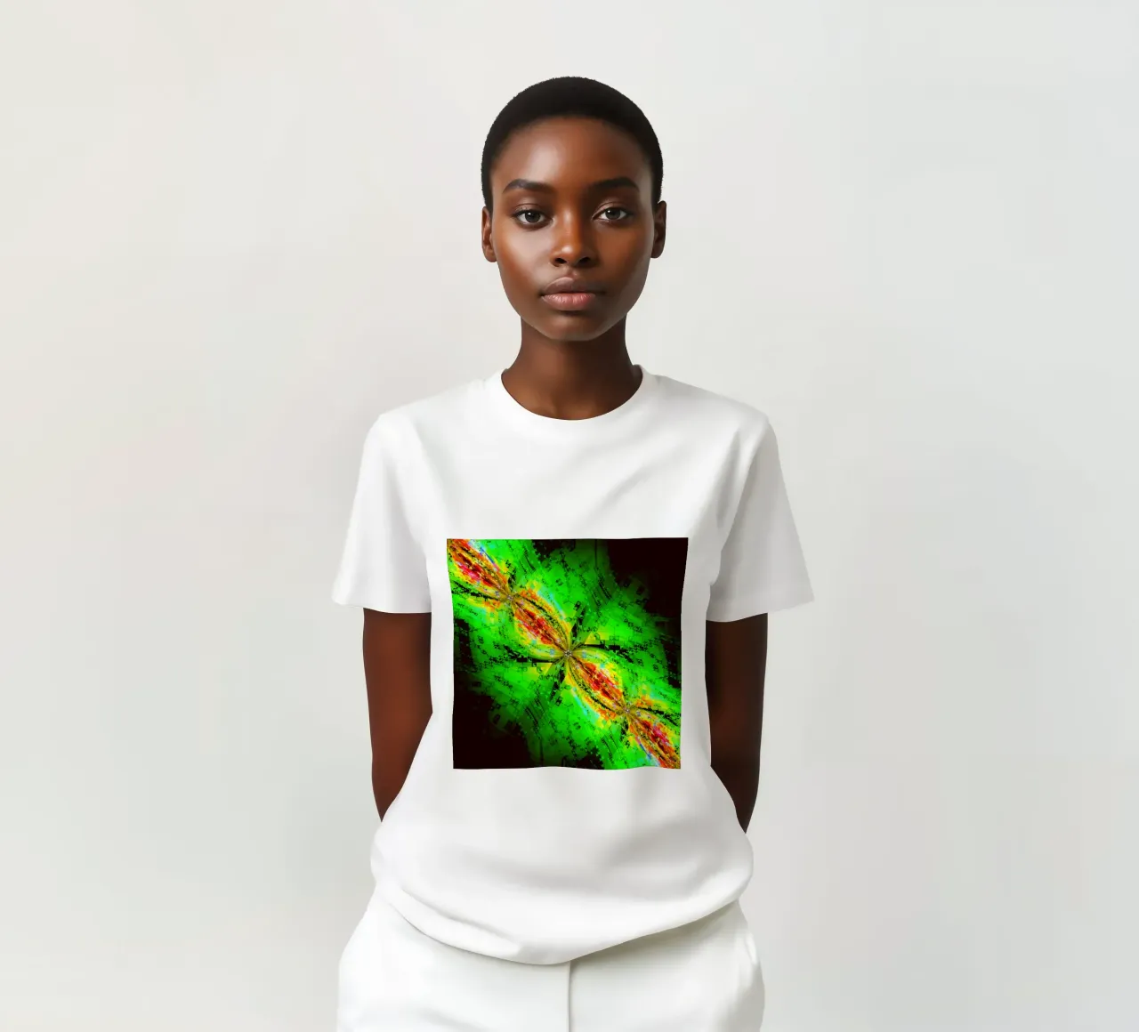Illusion of swirling characters in green and reddish colours t-shirt by Gürsel Yesil Digital Art