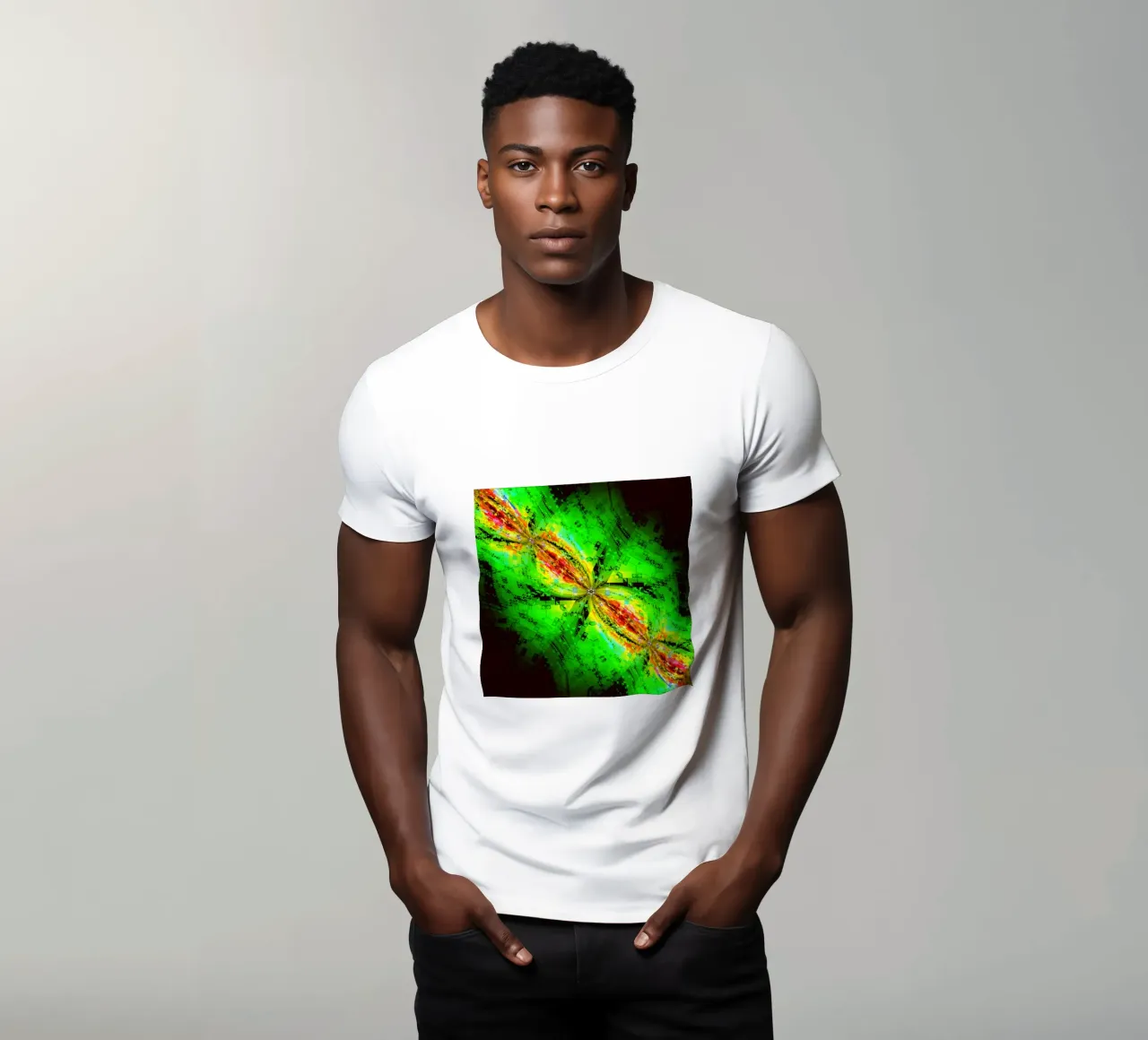 Illusion of swirling characters in green and reddish colours t-shirt by Gürsel Yesil Digital Art