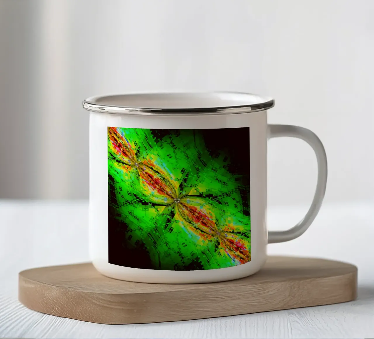 Illusione di caratteri vorticosi in colori verdi e rossastri tazza in smalto da Gürsel Yesil Digital Art