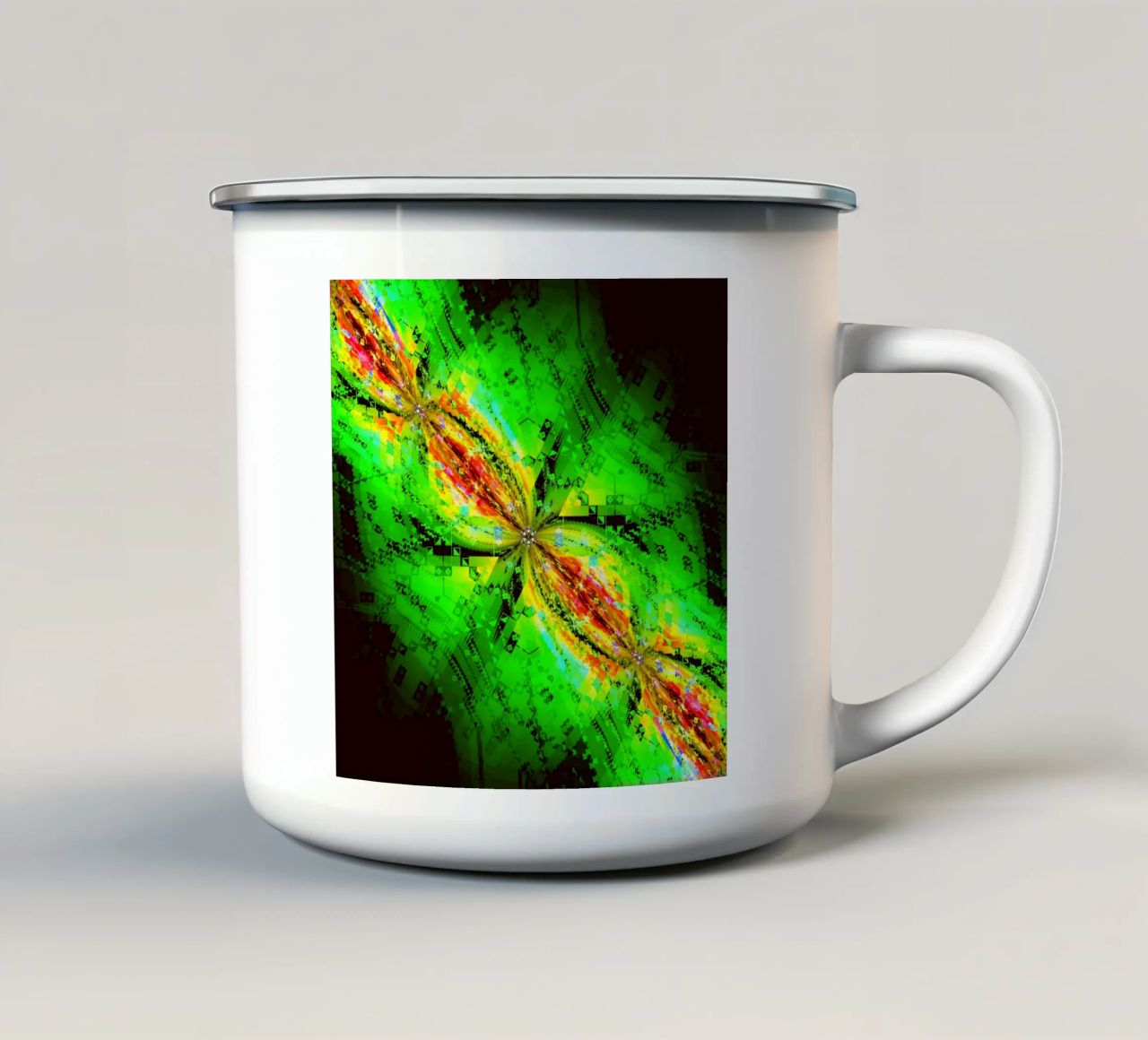 Illusione di caratteri vorticosi in colori verdi e rossastri tazza in smalto da Gürsel Yesil Digital Art