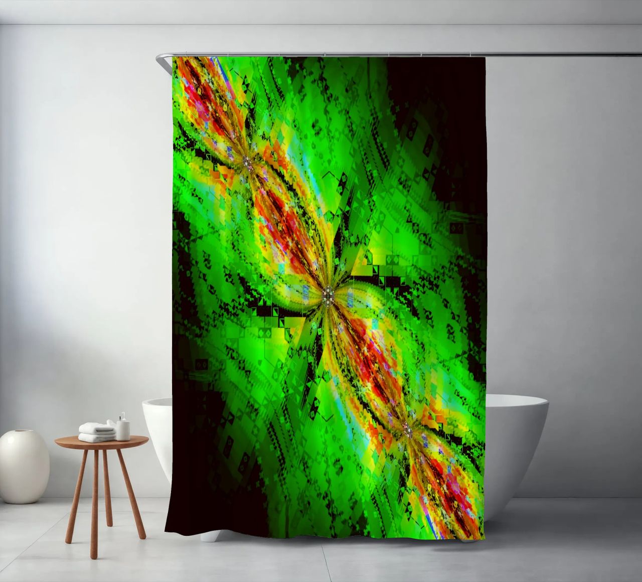 Illusion of swirling characters in green and reddish colours shower curtain by Gürsel Yesil Digital Art