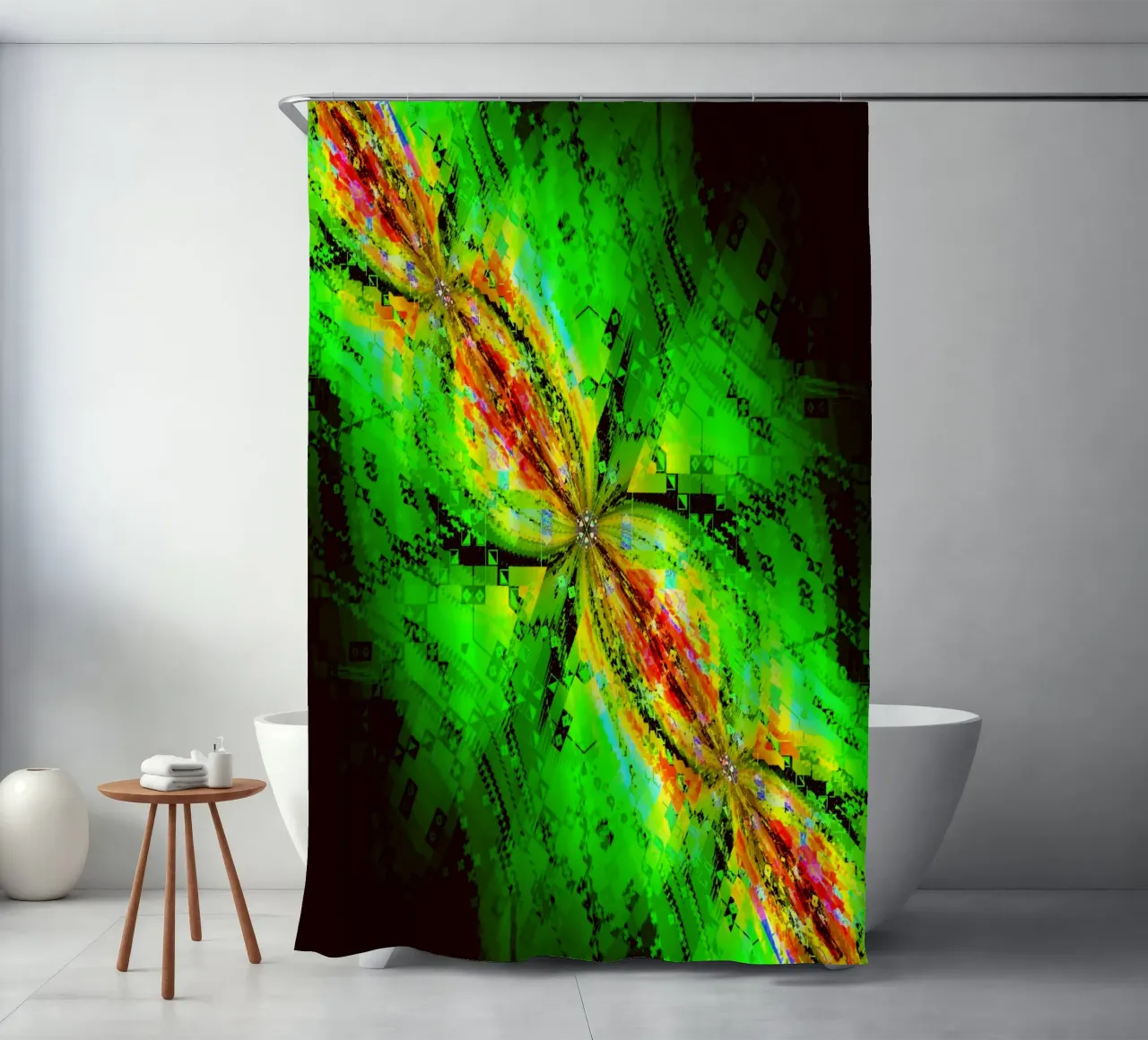 Illusione di caratteri vorticosi in colori verdi e rossastri tenda da doccia da Gürsel Yesil Digital Art