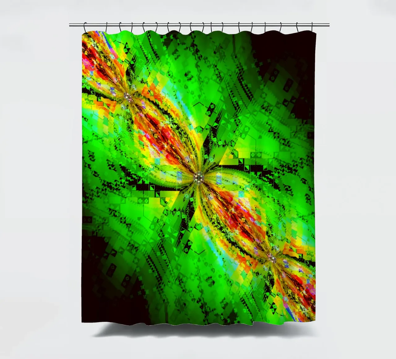 Illusione di caratteri vorticosi in colori verdi e rossastri tenda da doccia da Gürsel Yesil Digital Art