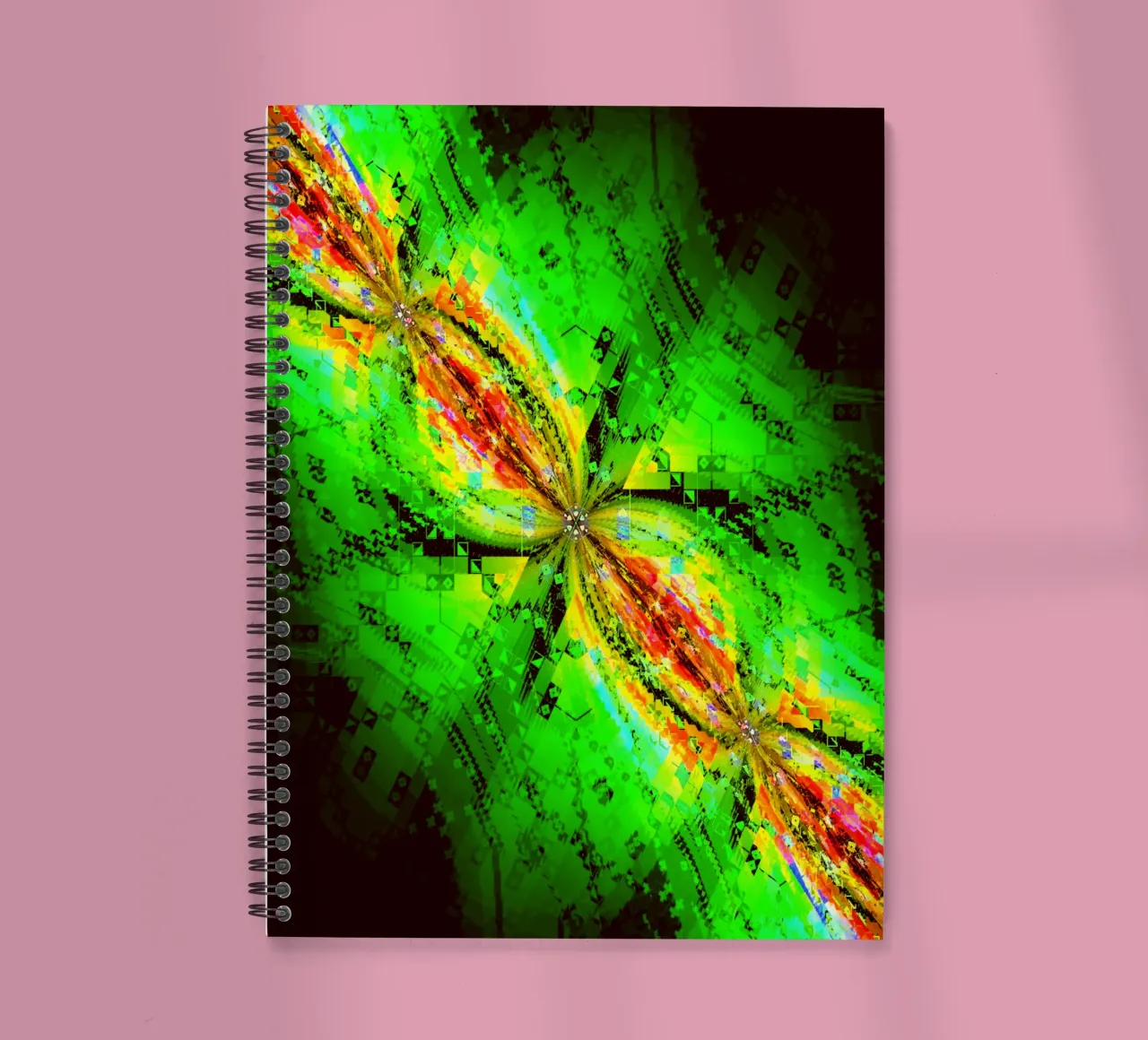 Illusion of swirling characters in green and reddish colours spiral notebook by Gürsel Yesil Digital Art