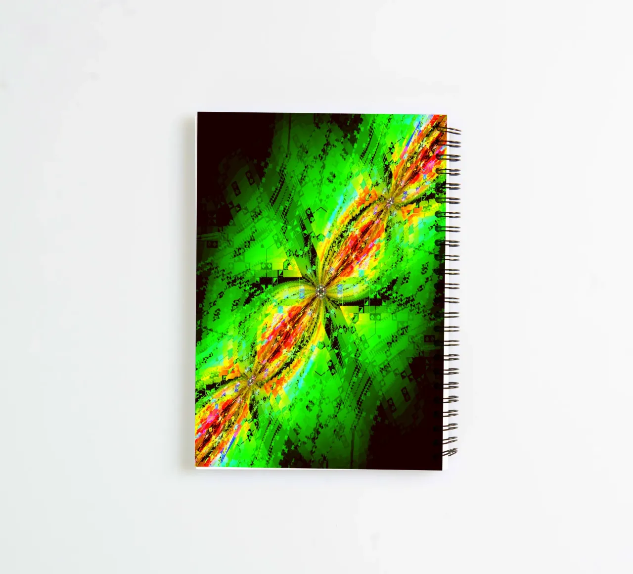 Illusion of swirling characters in green and reddish colours spiral notebook by Gürsel Yesil Digital Art