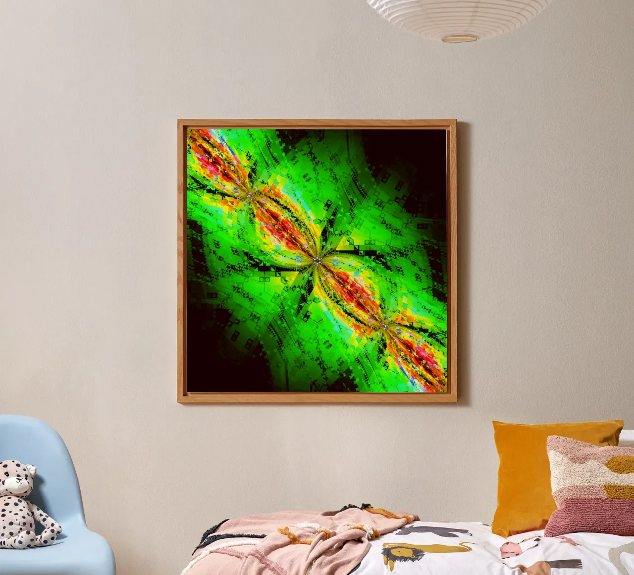 Illusione di caratteri vorticosi in colori verdi e rossastri alluminio dibond da Gürsel Yesil Digital Art