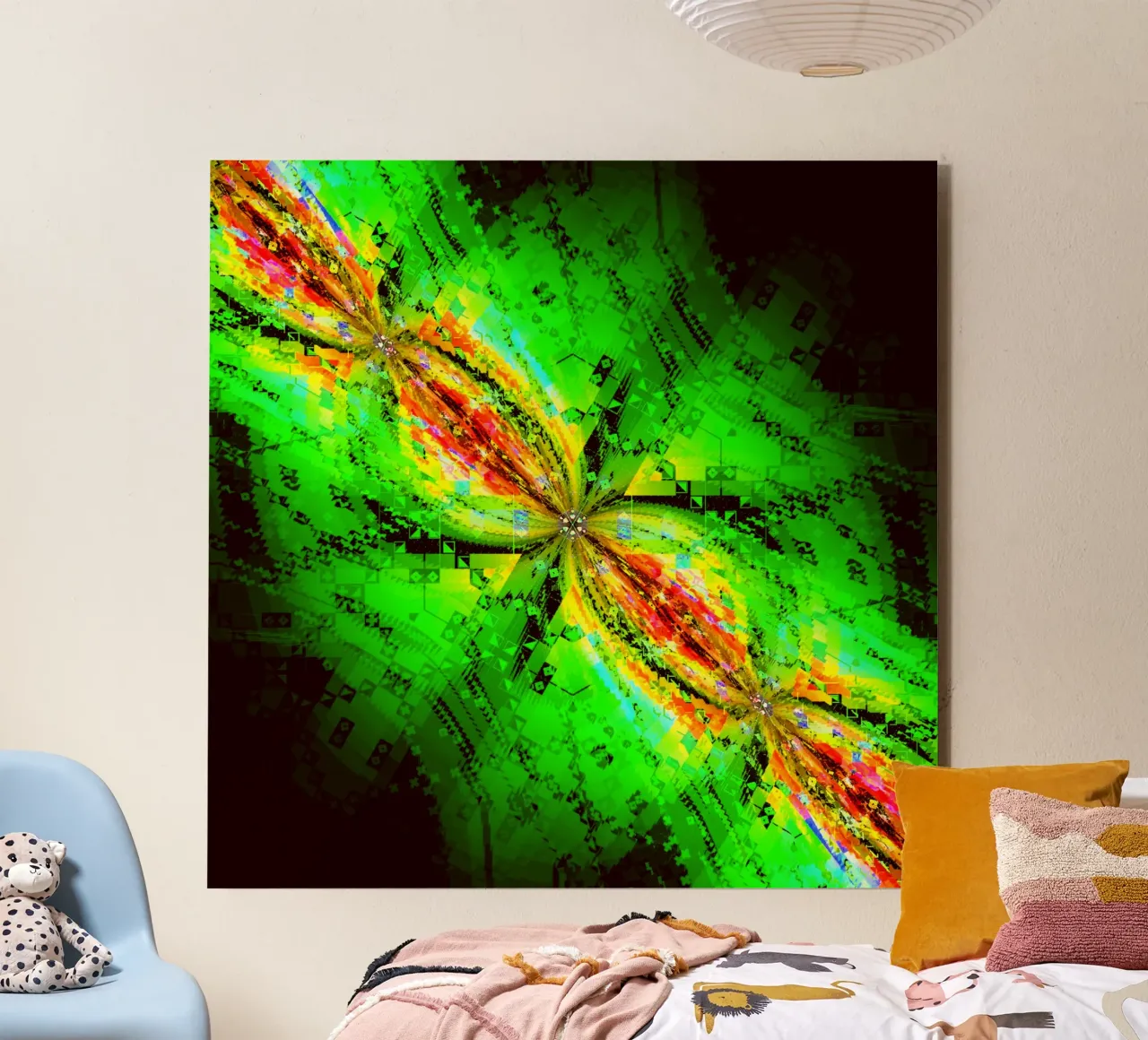 Illusione di caratteri vorticosi in colori verdi e rossastri alluminio dibond da Gürsel Yesil Digital Art