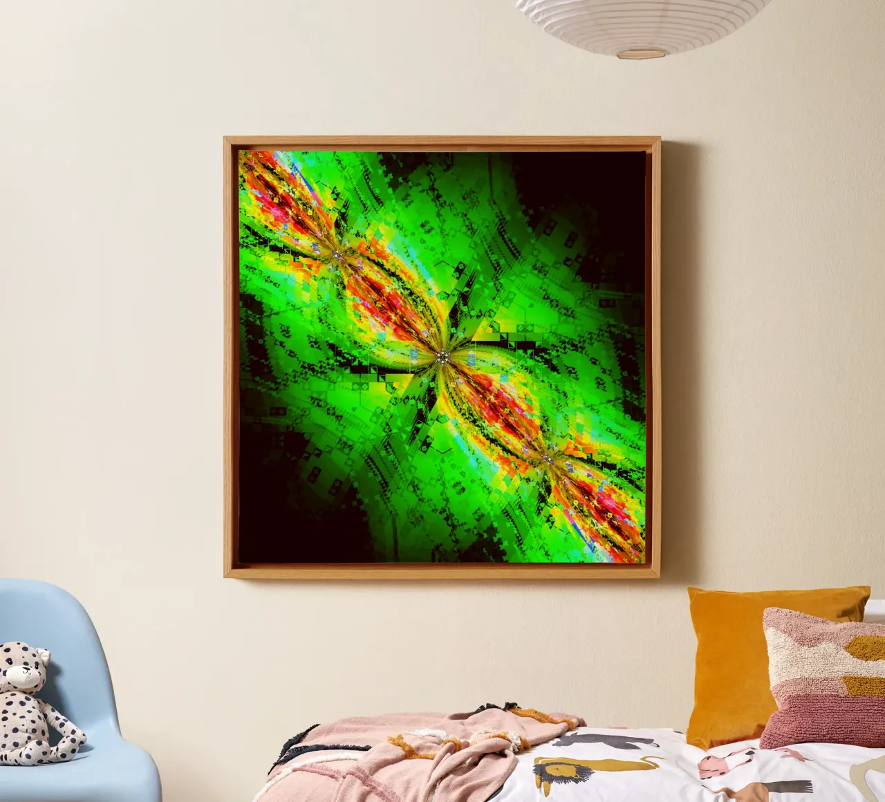 Illusion of swirling characters in green and reddish colours canvas by Gürsel Yesil Digital Art