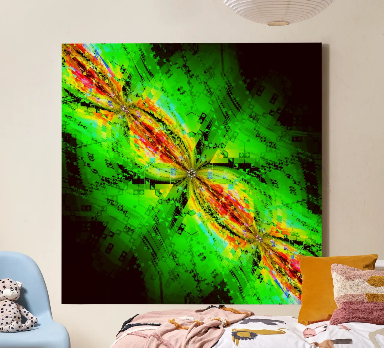 Illusion of swirling characters in green and reddish colours canvas by Gürsel Yesil Digital Art