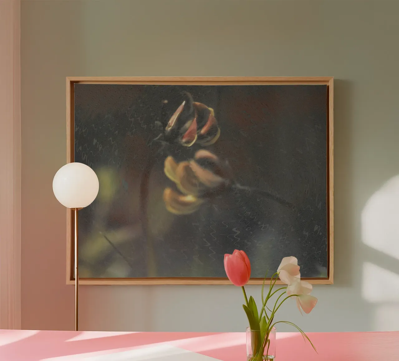 Two flowers in front of an artistic background canvas with Floater frame by Something for you