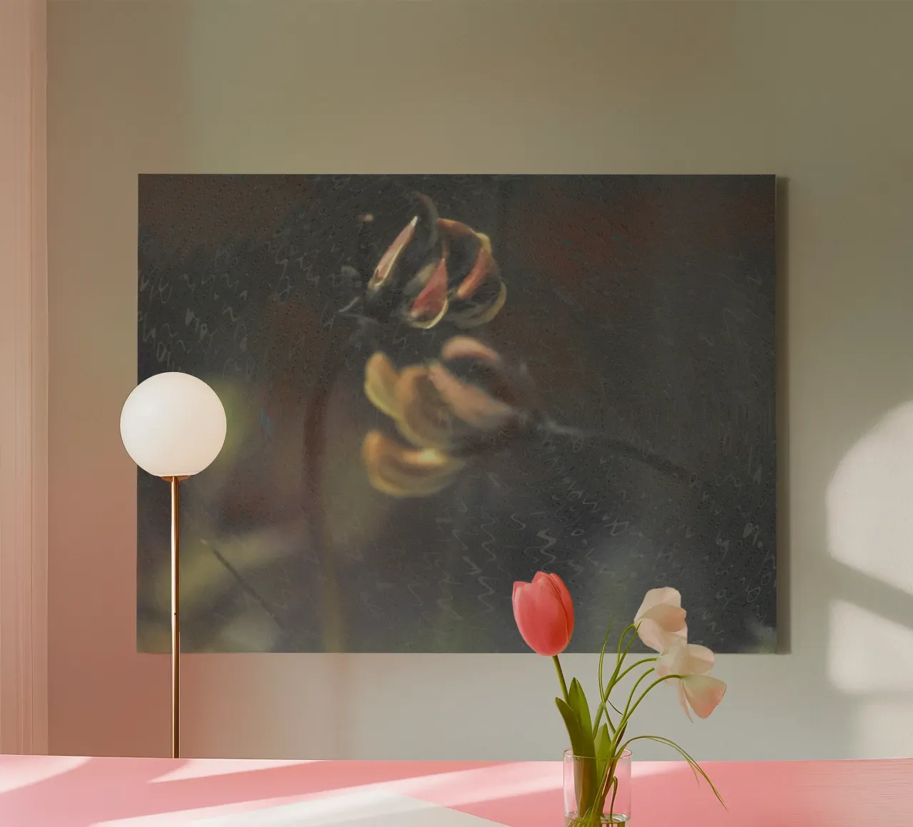 Two flowers in front of an artistic background canvas with Floater frame by Something for you