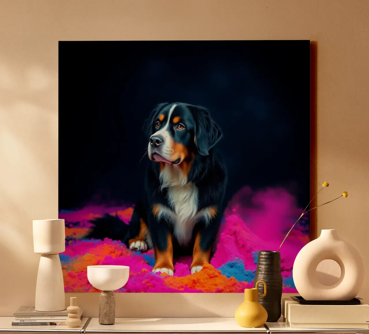 The colorful Bernese Mountain Dog #214 canvas with Floater frame by Yumis.Beargang.and.Me