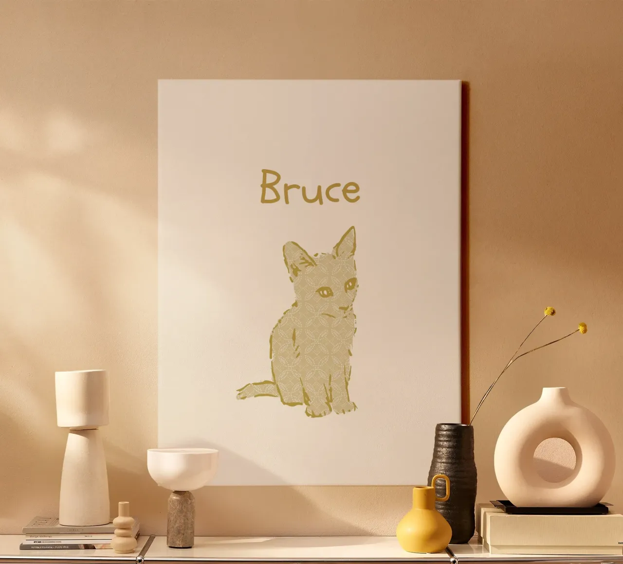 Custom baby name with cue kitten in yellow pastel tones canvas by Art by Susana Miranda ilustración