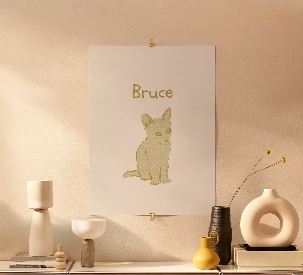 Custom baby name with cue kitten in yellow pastel tones hahnemühle by Art by Susana Miranda ilustración