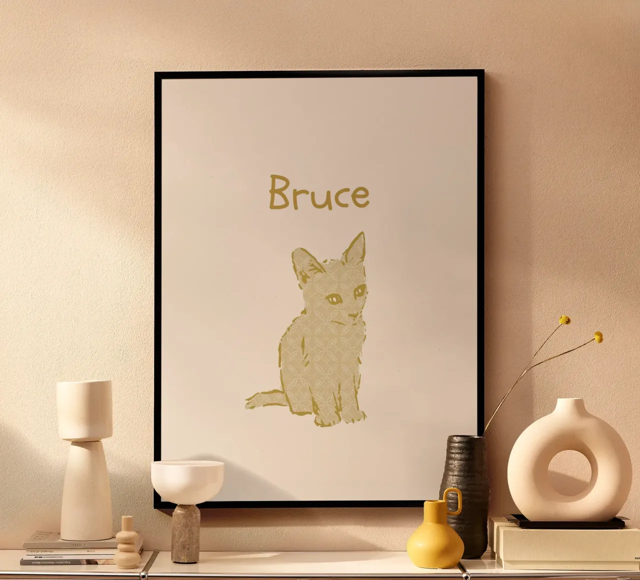 Custom baby name with cue kitten in yellow pastel tones hahnemühle by Art by Susana Miranda ilustración