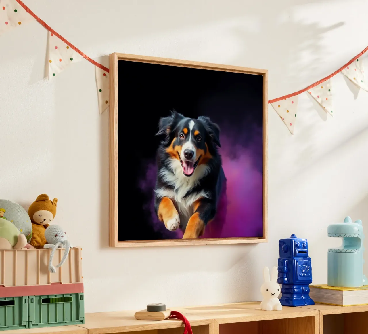 The colorful Bernese Mountain Dog #215 canvas with Floater frame by Yumis.Beargang.and.Me