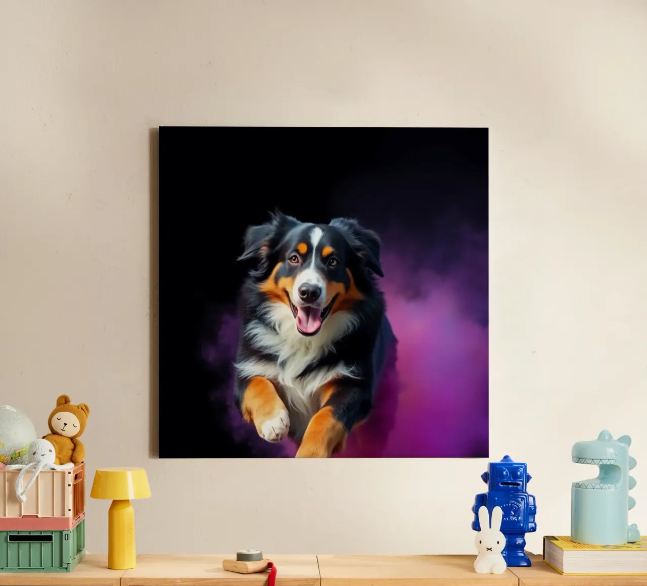 The colorful Bernese Mountain Dog #215 canvas with Floater frame by Yumis.Beargang.and.Me