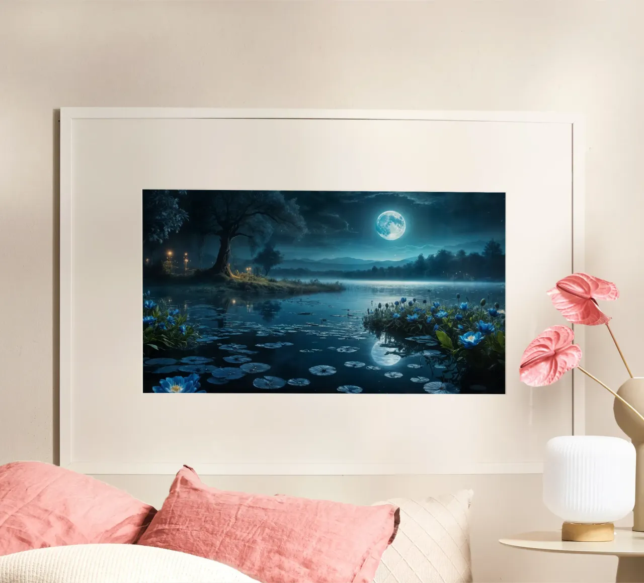 Luna blu sul lago poster con telaio in legno da Wild Beauty