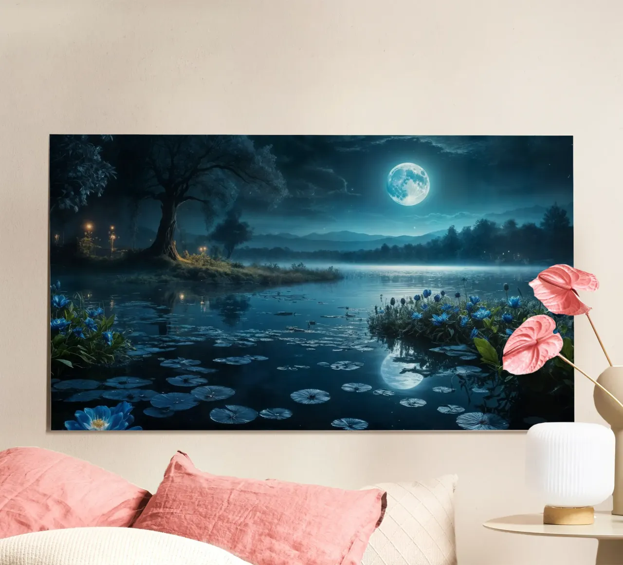 Luna blu sul lago poster con telaio in legno da Wild Beauty