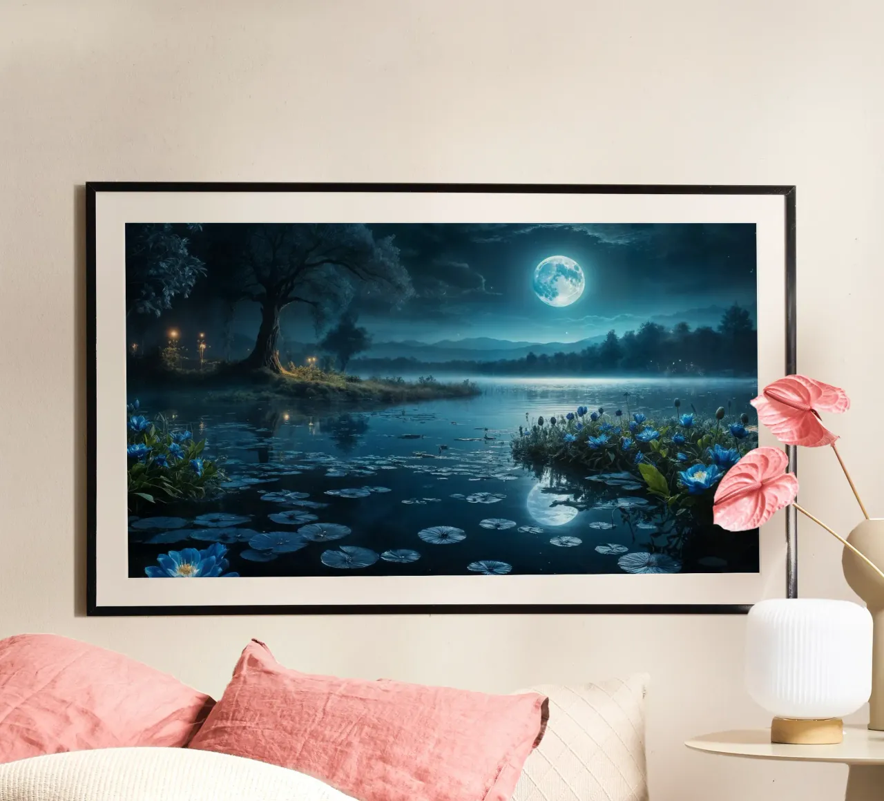Luna blu sul lago poster con telaio in legno da Wild Beauty