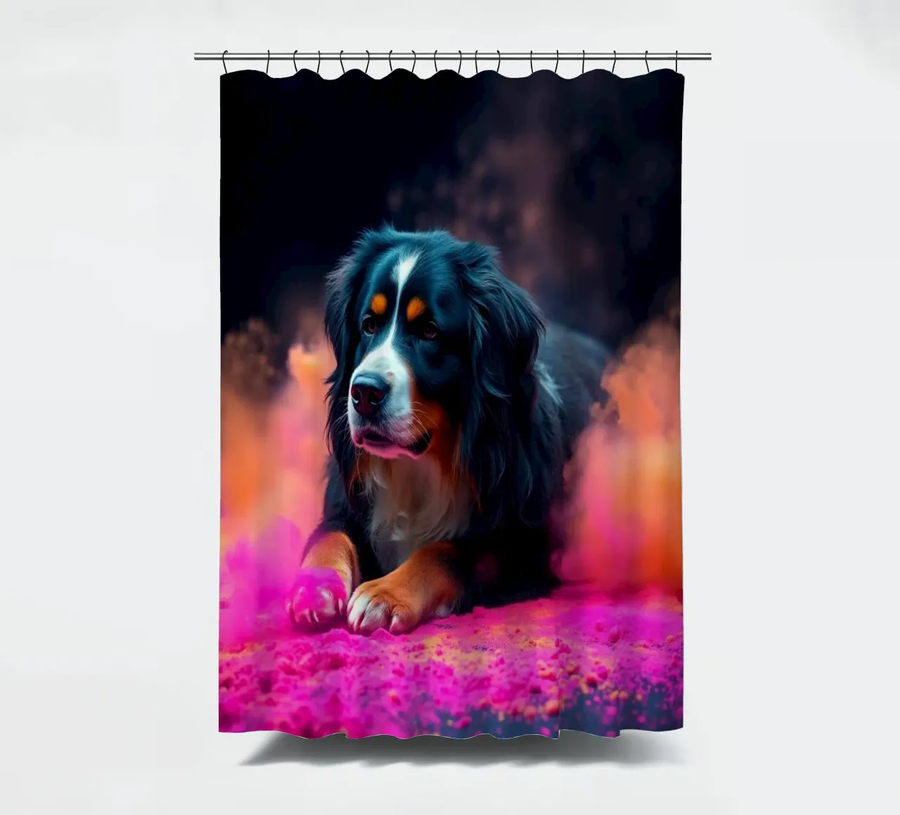 The colorful Bernese Mountain Dog #221 shower curtain by Yumis.Beargang.and.Me