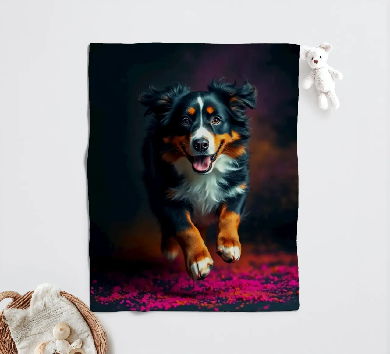 The colorful Bernese Mountain Dog #223 fleece blanket by Yumis.Beargang.and.Me