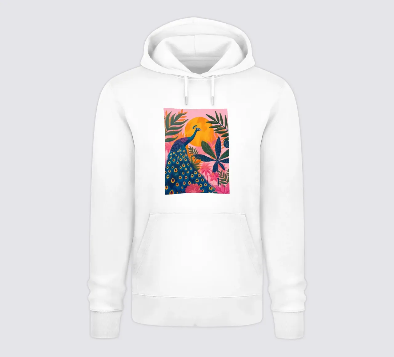 Boho Peacock Giungla tropicale illuminata dalla luna con palme rosa felpa con cappuccio da Gentle Echoes Art