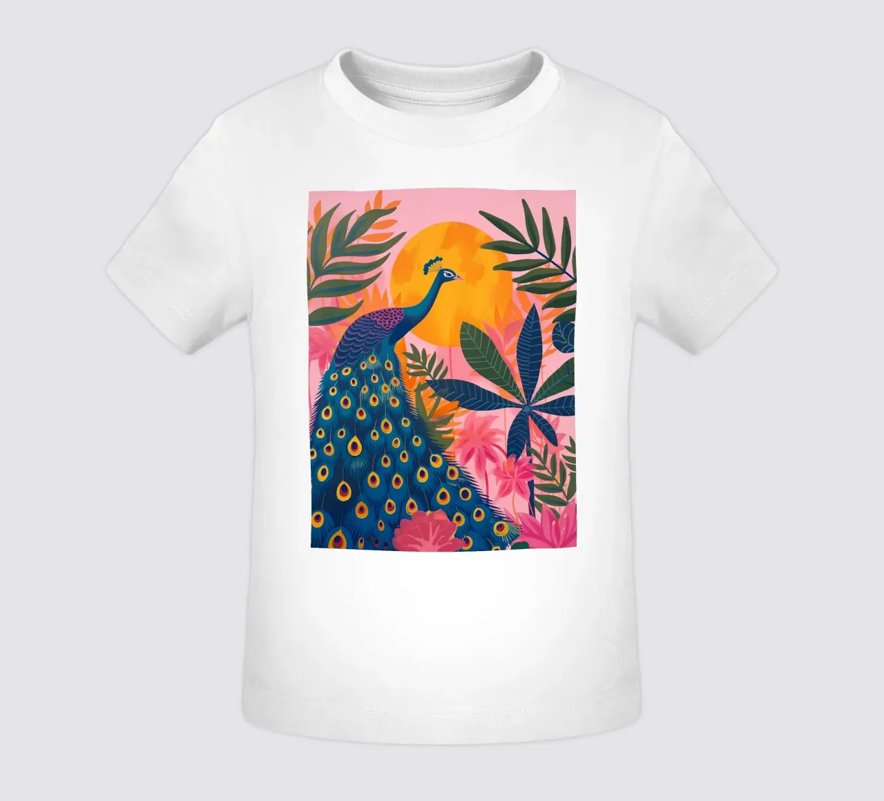 Boho Peacock Giungla tropicale illuminata dalla luna con palme rosa maglietta neonato da Gentle Echoes Art