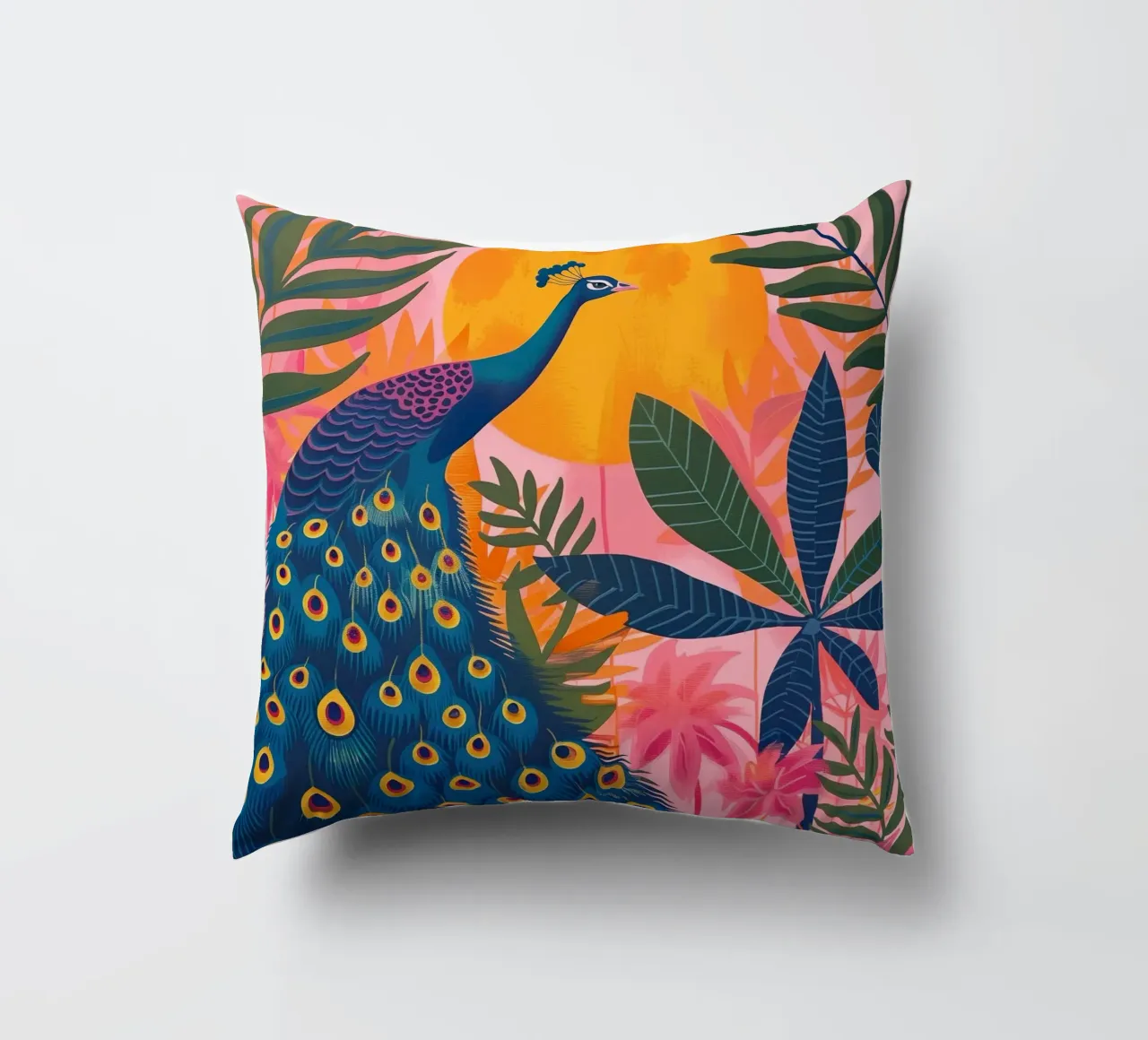 Boho Peacock Giungla tropicale illuminata dalla luna con palme rosa cuscino da Gentle Echoes Art