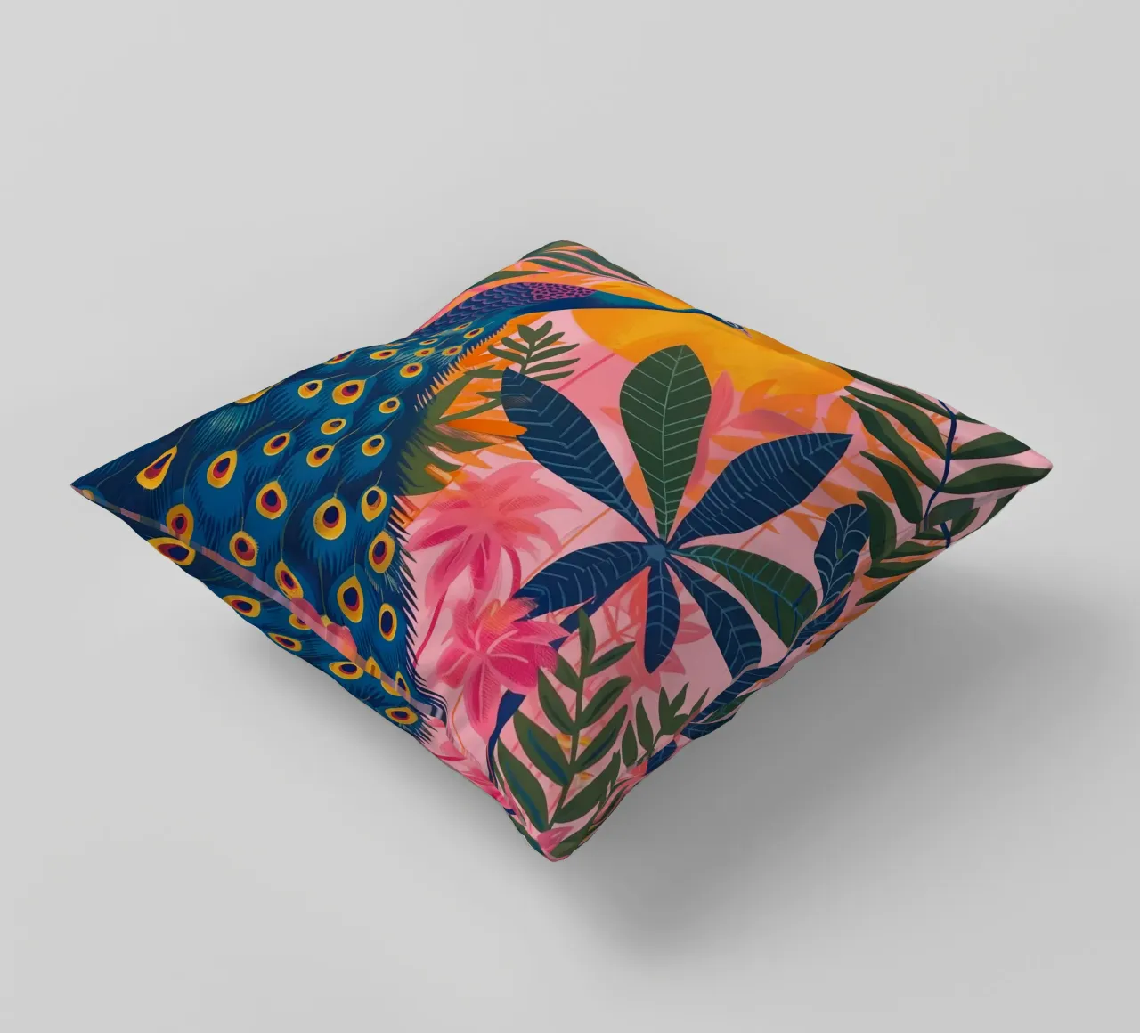 Boho Peacock Giungla tropicale illuminata dalla luna con palme rosa cuscino da Gentle Echoes Art