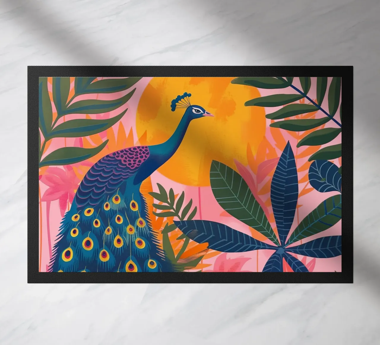 Boho Peacock Moonlit Selva tropical con palmeras rosas felpudo de Gentle Echoes Art