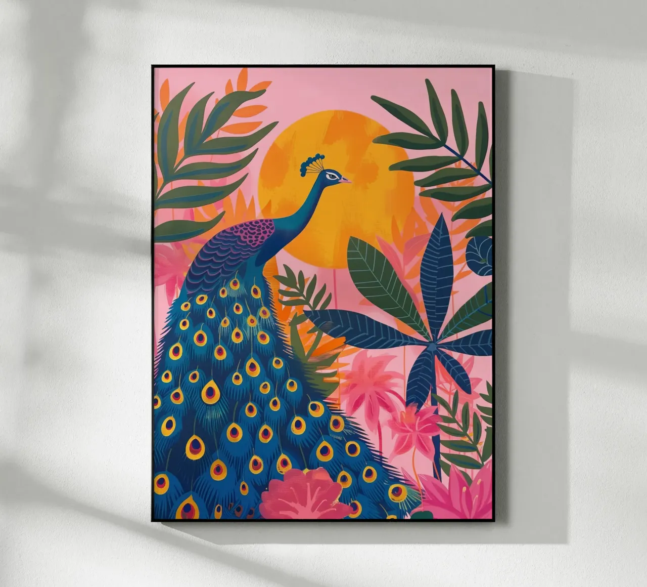 Boho Peacock Moonlit Selva tropical con palmeras rosas metacrilato de Gentle Echoes Art