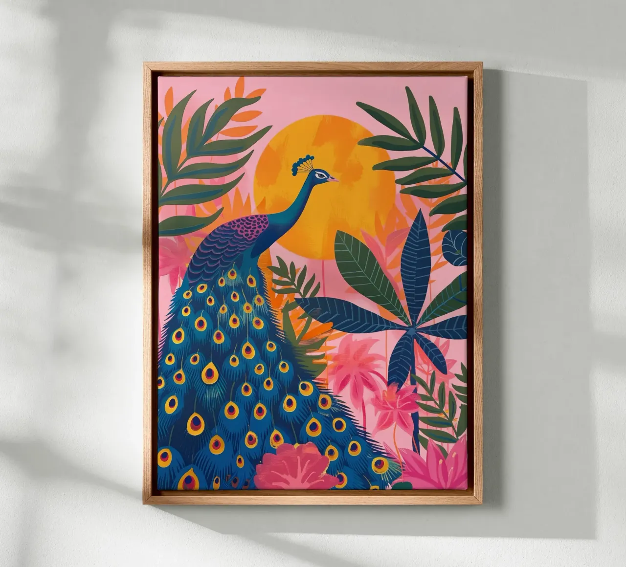 Boho Peacock Moonlit Tropical Jungle with Pink Palm Trees canvas by Gentle Echoes Art
