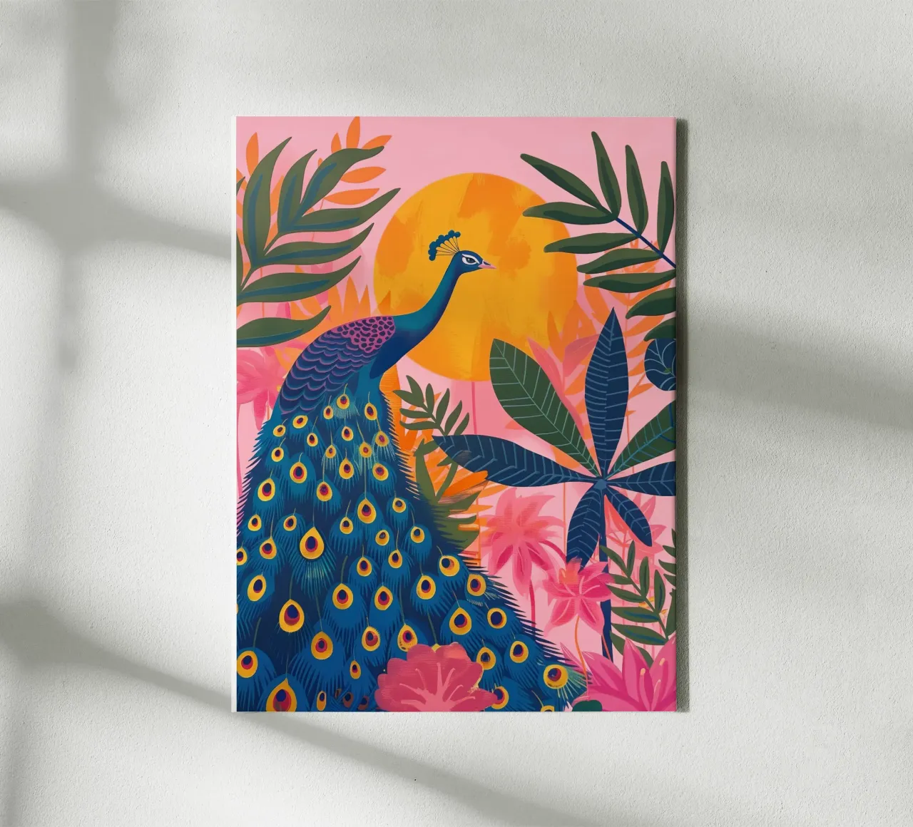 Boho Peacock Moonlit Tropical Jungle with Pink Palm Trees canvas by Gentle Echoes Art