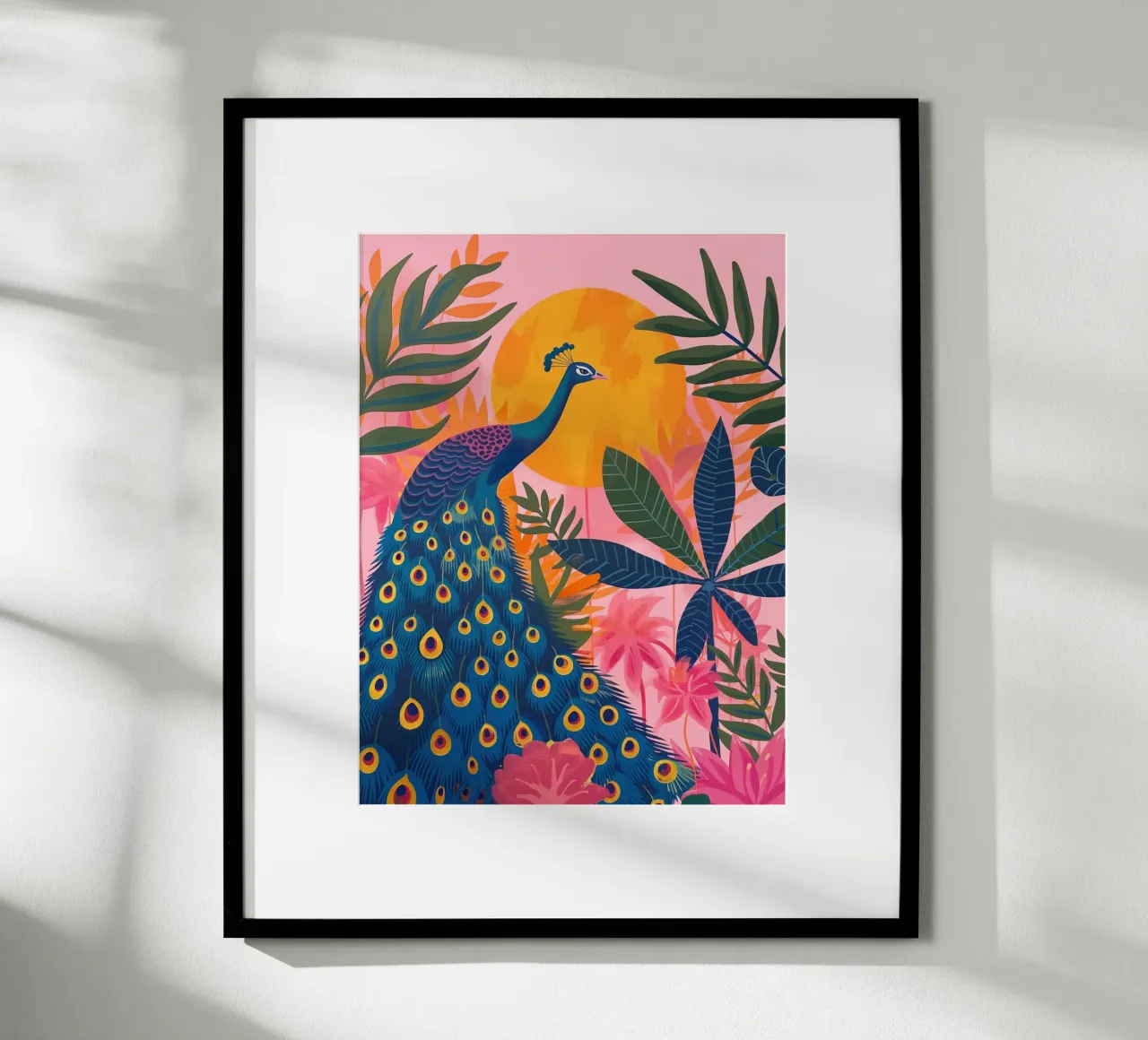 Boho Peacock Giungla tropicale illuminata dalla luna con palme rosa poster con telaio in plastica da Gentle Echoes Art