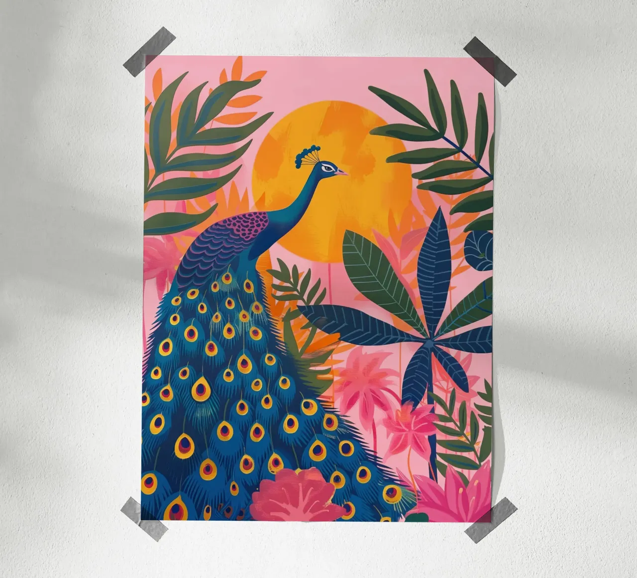 Boho Peacock Giungla tropicale illuminata dalla luna con palme rosa poster con telaio in plastica da Gentle Echoes Art