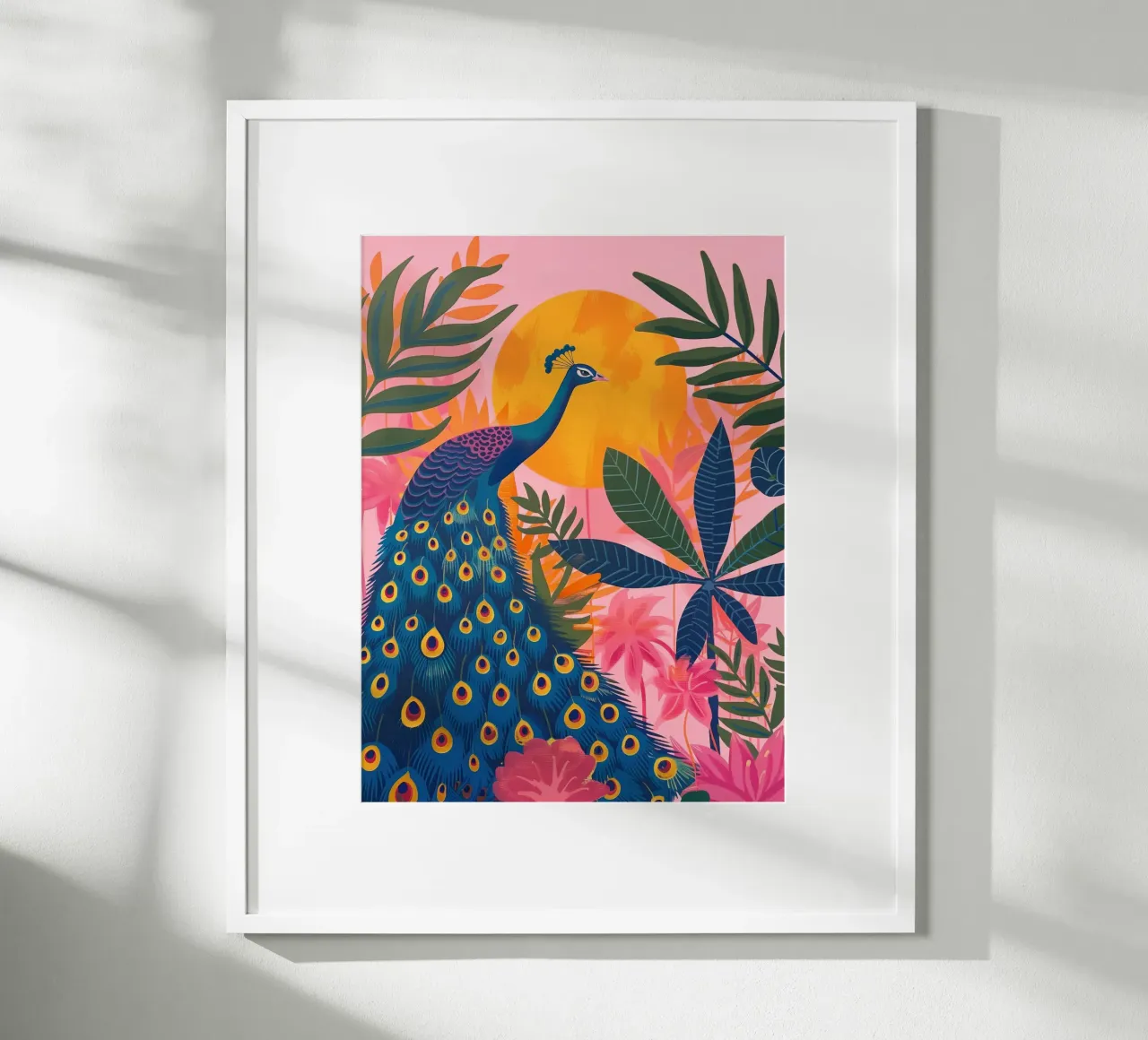 Boho Peacock Giungla tropicale illuminata dalla luna con palme rosa poster con telaio in plastica da Gentle Echoes Art