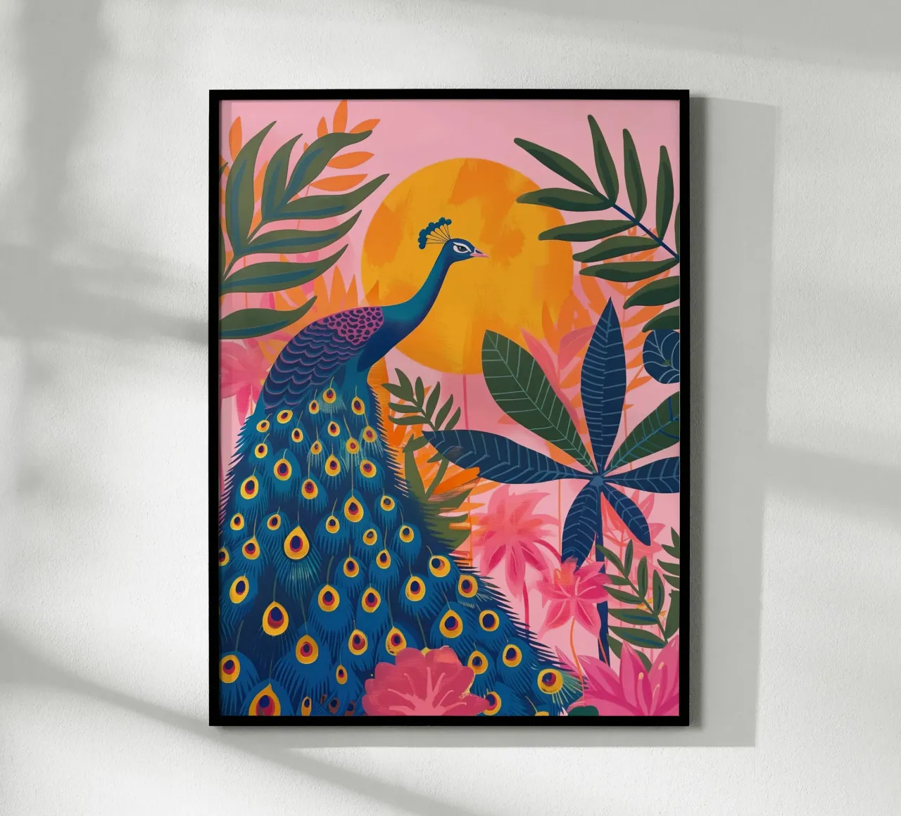 Boho Peacock Giungla tropicale illuminata dalla luna con palme rosa poster con telaio in plastica da Gentle Echoes Art
