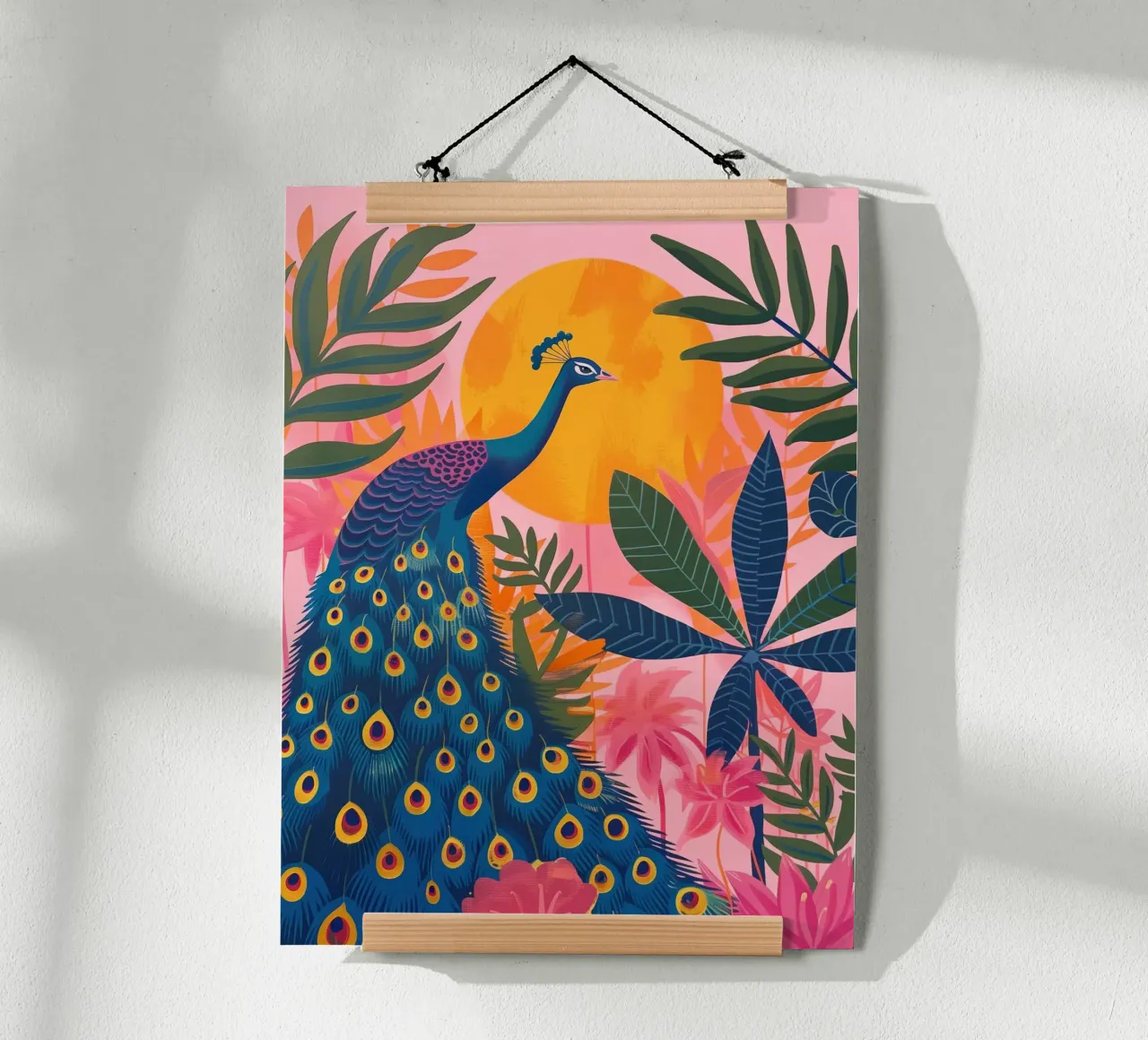 Boho Peacock Giungla tropicale illuminata dalla luna con palme rosa poster con telaio in plastica da Gentle Echoes Art