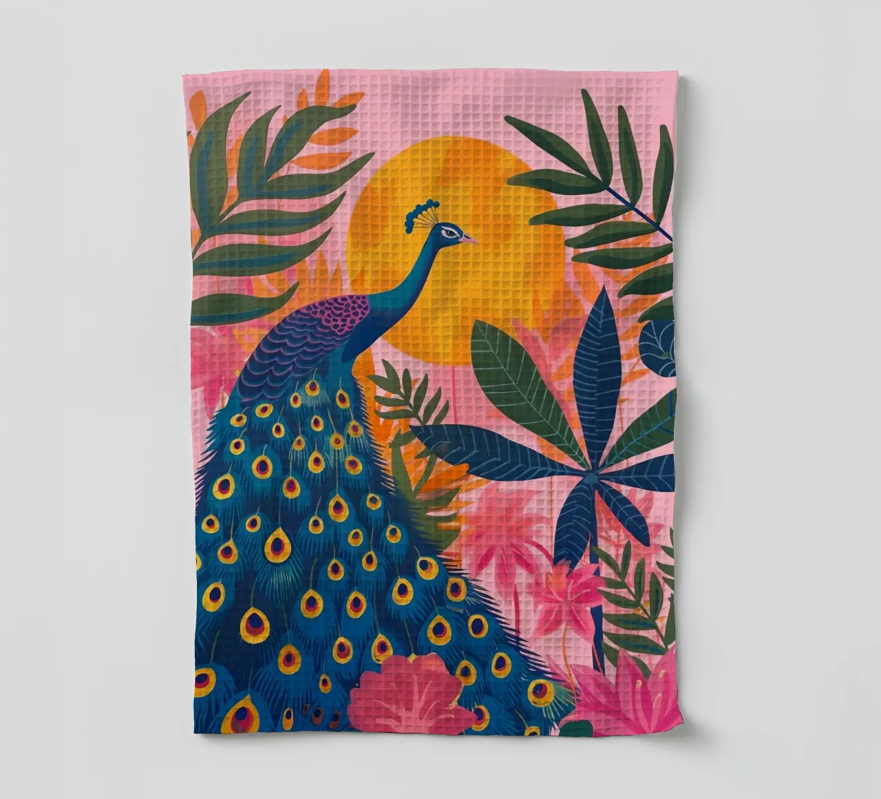 Paon Boho Jungle tropicale au clair de lune avec palmiers roses torchon de Gentle Echoes Art